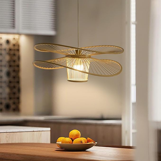 Handmade Bamboo Pendant Light, 3-Tier Boho Woven Chandelier, Modern Ceiling Lamp for Dining Room, Kitchen, Farmhouse Bedroom, E26 Base