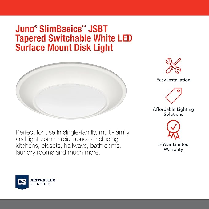 Juno SlimBasics 6 Inch LED Ceiling Light, LED Surface Mount Downlight for Shower Light or Closet Lighting, Selectable White Color, Tapered Trim, Wet Rated, Matte White (JSBT 6IN SWW2 90CRI WL MW M6)
