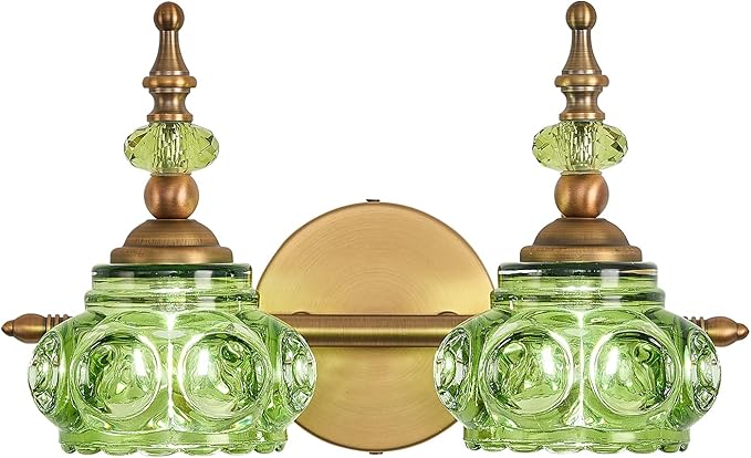 Green 2-Light Vintage Vanity Light Fixtures with Crystal Glass Shade, Rust-Proof and Durable Bathroom Lighting Wall Sconce for Bathroom Bedroom Living Room Hallway