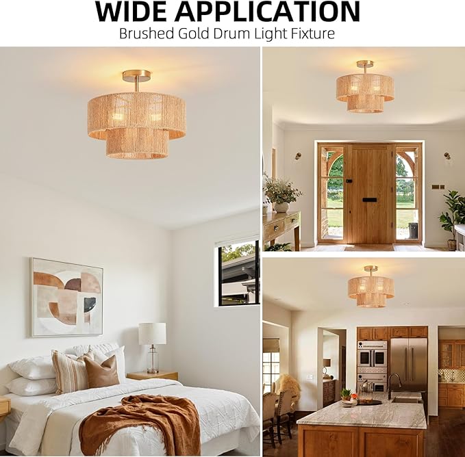 Boho Semi Flush Mount Ceiling Light Gold Rattan Ceiling Light 15.4" Farmhouse Ceiling Lamp with Natural Hemp Rope Lampshade for Dining Room Living Room Bedroom Kitchen