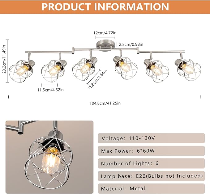 WILON Track Lighting Fixtures, 6-Light Brushed Nickel Flush Mount Track Light Ceiling, 6 Way Spot Light Kitchen Light Fixtures Directional Ceiling Spotlight for Kitchen Hallway Living Room