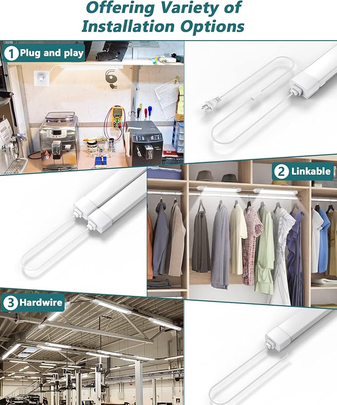 WNSNOU LED Tube Light Fixture with Plug, 1.4FT-2pcs 1800LM 5000K Utility Shop Light, Linkable Cabinet Light for Garage, Kitchen, Bathroom, Closet, Office - 1.4Ft, Triproof, White
