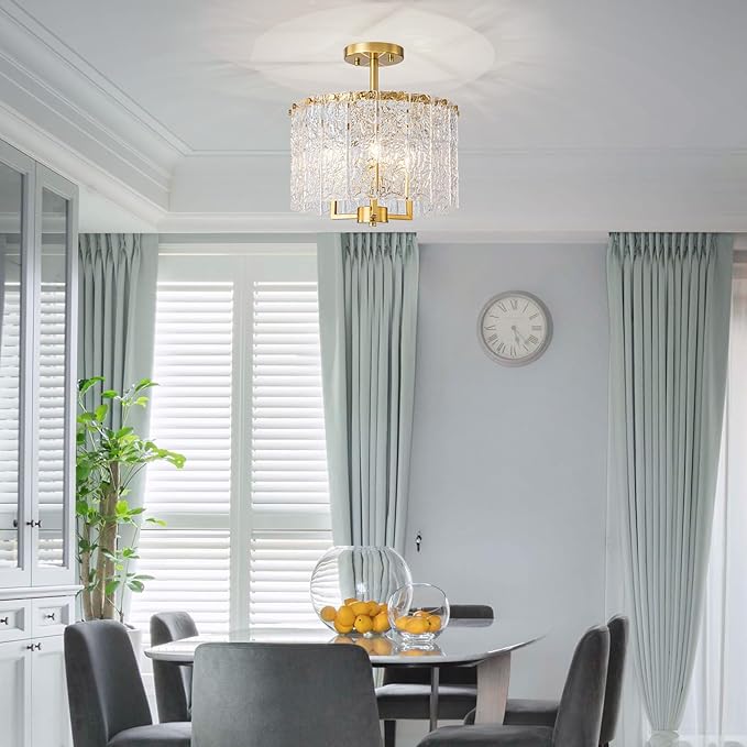 3-Light Modern Ceiling Light for Living Room, Bedroom, Foyer, Kitchen, Close to Ceiling Semi-Flushmount Light Fixture, D12.6 x H14.6, Handmade Glass Shade & Gold Finish Frame