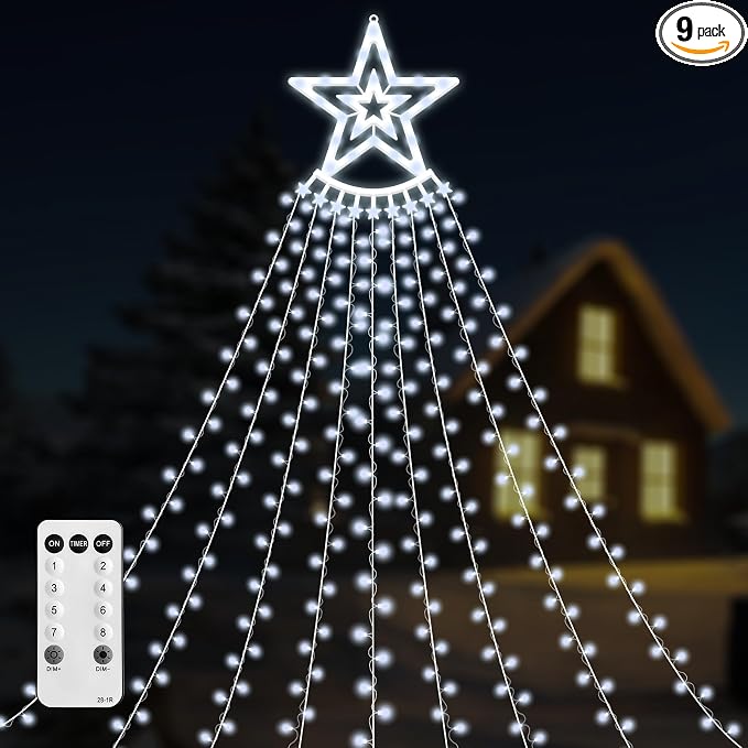 350 LED Christmas Decorations Star String Lights Waterproof Waterfall StarLights 8 Light Modes Remote & Timer,Waterproof Seasonal Lighting Decor for Home Xmas Tree Yard Wedding Party (Cool White)