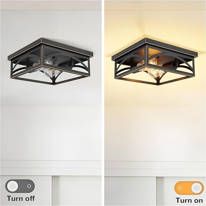 Black Flush Mount Ceiling Light Fixture, Industrial Light Fixture Ceiling Mount for Hallway Kitchen Porch Bedroom, Outdoor Ceiling Light Flush Mount, E26, 1 Pack, Gold Trim