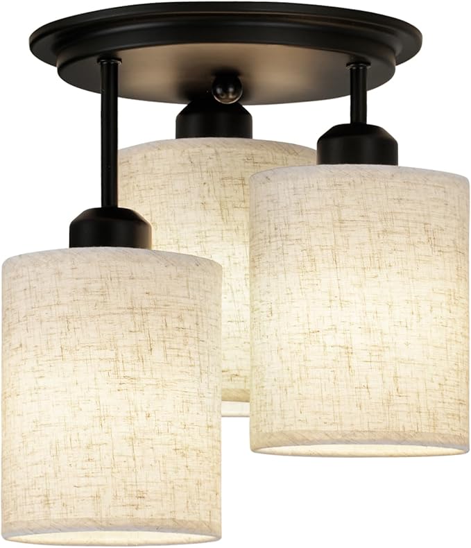 Semi Flush Mount Ceiling Light, 3-Light Close to Ceiling Light Fixtures, Matte Black Kitchen Light Fixtures with Linen Fabric Shade, Hallway Light Fixtures Ceiling Mount for Foyer Entryway
