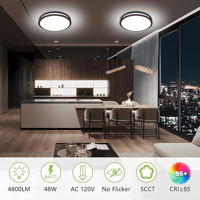 16Inch LED Ceiling Light Fixtures 2 Pack, 48W Flush Mount Ceiling Light, 4800LM Super Bright Ceiling Mount Light, Dimmable Black Ceiling Light 5CCT Ceiling Lamp for Hallway Kitchen Bedroom
