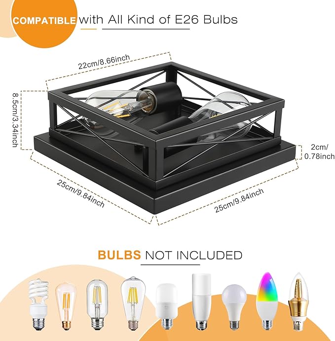 Black Flush Mount Ceiling Light 2 Pack Industrial Fixtures 2-Light Farmhouse Vintage Metal-Framed Ceiling Light for Hallway Foyer Kitchen Bedroom Living Room Laundry