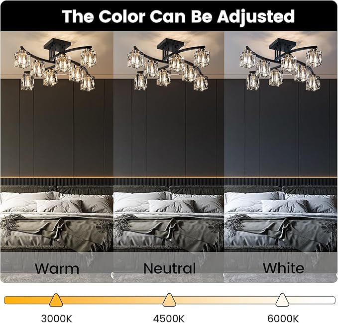 Crystal Semi Flush Mount Ceiling Light with 8-Lights Black Sputnik Ceiling Light Fixture Modern Chandeliers for Dining Room Living Room Kitchen Island Bedroom Hallway