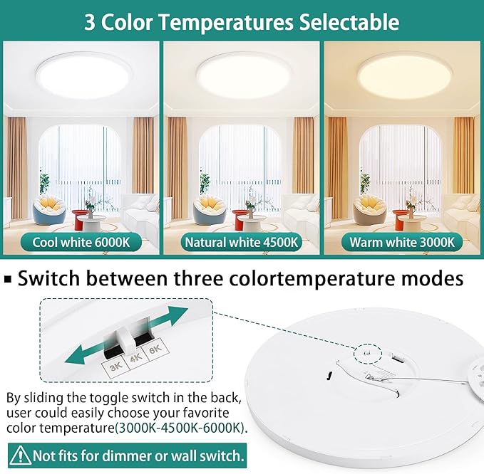 16 Inch LED Flush Mount Ceiling Light – 32 W 3200 LM Dimmable, 3-CCT Changeable (3000K/4000K/6500K), Ultra-Thin Modern Round Light Fixture for Kitchen, Dining Room, Bedroom, Office