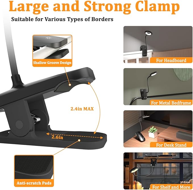 Clip on Light Rechargeable with Large Clamp, Battery Operated Bed Headboard Reading Lamp - 5 Colors 5 Brightness, Flexible Arm Book Light at Night for Kids Desk Bunk Metal Bed Frame (Black)