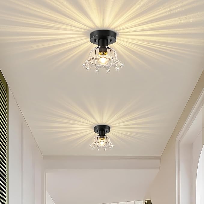 2 Pack Black Modern Ceiling Light, Small Kitchen Light Fixtures, Glass Semi Flush Mount Ceiling Light for Hallway, Foyer, Entryway, Laundry Room (7 in)