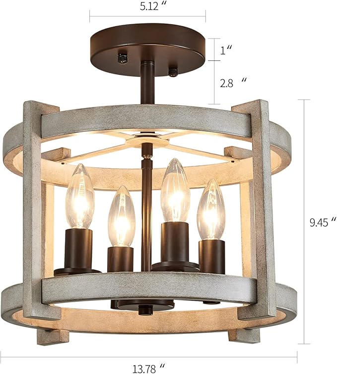 MEIXISUE 4-Lights Retro Semi Flush Mount Ceiling Light Fixtures,ORB+Oak White,Farmhouse Rustic Vintage Antique Ceiling Light Fixture for Hallway Kitchen Dining Room Bedroom UL Listed