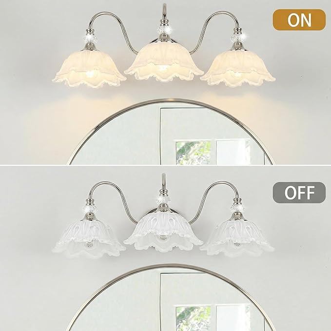 Brushed Nickel 3-Light Bathroom Vanity Light with Floral White Glass Shades, Brushed Nickel Wall Mount Lighting for Bathroom, Dressing Table