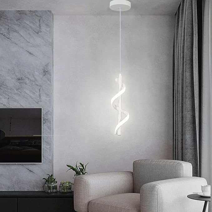 13W Modern Spiral Led Pendant Light Fixture, Cold White 5500K Minimalist Integrated LED Hanging Lamp, Adjustable Hanging Island Light Fixture For Bedroom Living room Kitchen Sink, 1 Pack (White)
