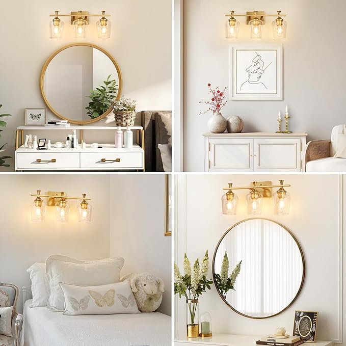 3 Light Bathroom Vanity Light - Gold Bathroom Lighting Fixtures Over Mirror, Modern Wall Sconces with Transparent Glass Lampshade for Bedroom Living Room Kitchen Cabinet Stair Hallway