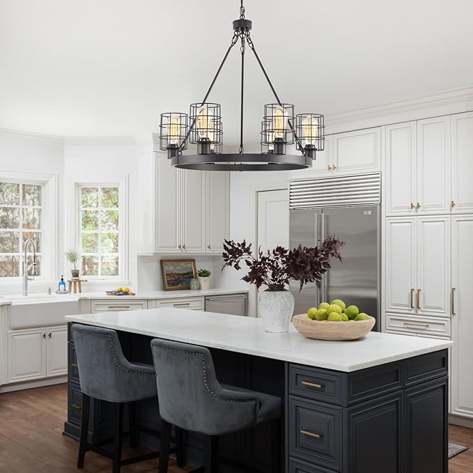 Wagon Wheel Chandelier Modern Farmhouse Pendant Light,Black Farmhouse Chandelier, 6-Light Wagon Wheel Chandelier with Adjustable Height, Dining Room Light Fixture, Hanging Lights