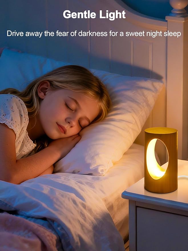 WLHONG LED Night Light, Wood Small Lamp 3000K Dimmable, Cylinder Bedside Lamps for Bedroom, Portable Desk Lights for Home Dorm Office Ambient Lighting, Unique Home Decor Housewarming Gift