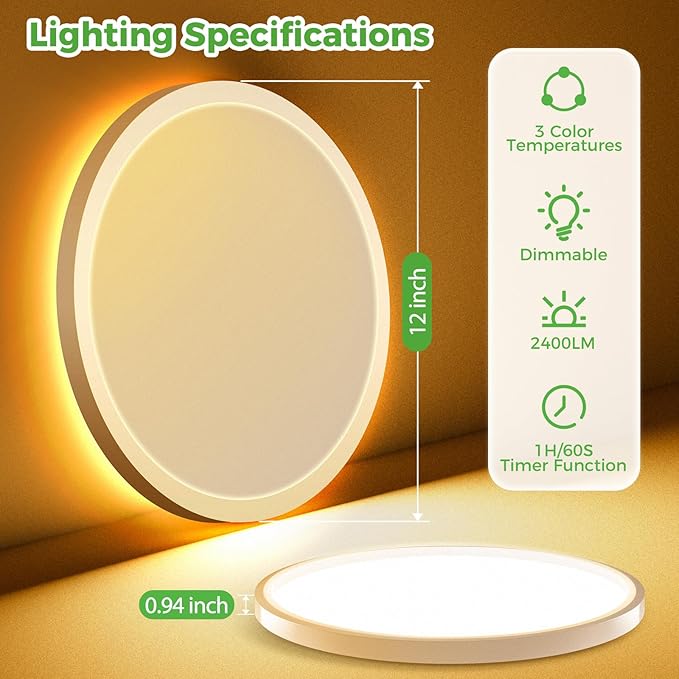 zemty 12 Inch LED Ceiling Light with Night Light 1800K, 4 Pack 3000K/4000K/6500K Dimmable Light Fixtures with Remote Control, Low Profile Lighting for Bedroom Living Room Kitchen-White