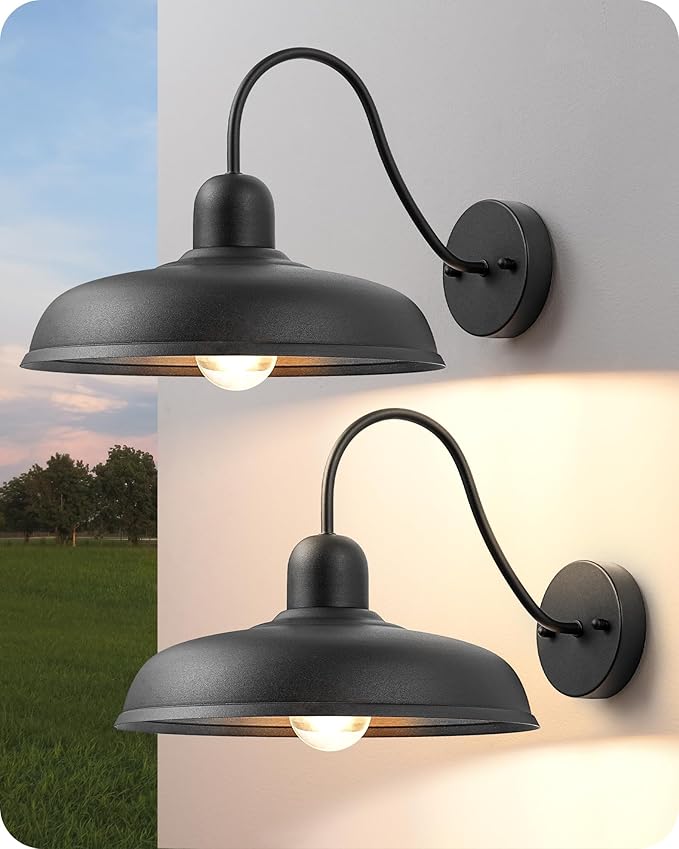 EDISHINE 2 Pack Gooseneck Barn Light Fixture, 12IN Outdoor Wall Light, Farmhouse Outside Wall Sconce, Black Matte Wall Mount Lantern for Porch, Entryway, Garage