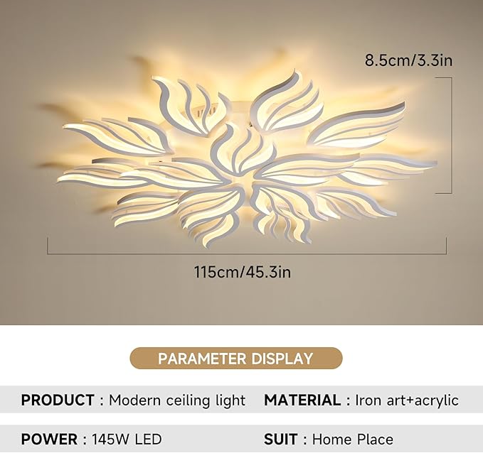 Becailyer Modern Flower Ceiling Lights, 45.2" Flush Mount Ceiling Lamp, 15-Petals Dimmable Acrylic Ceiling Lighting, 126W Close to Ceiling Fixture for Living Room Bedroom Dining Room Kitchen, White