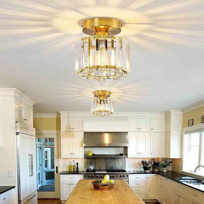 2 Pack Small Crystal Semi Flush Mount Ceiling Light Fixture Modern Gold Mini Round Chandelier Metal E26 Ceiling Lamp for Hallway Bathroom Entryway Kitchen Closet