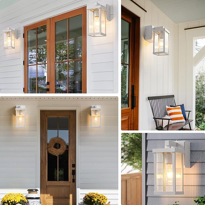 Dusk to Dawn Porch Lights with GFCI Outlets Waterproof Outdoor Wall Lights Exterior Lighting Fixtures Modern Outside Lights Wall Mount for House Patio Garage,White,11.8''H, 2 PC