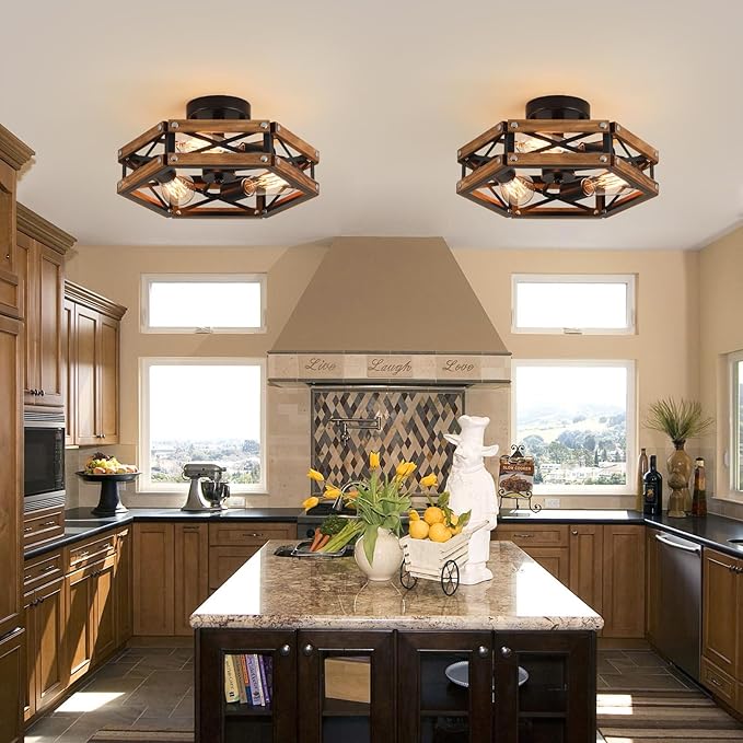 2 Pack 3-Light Rustic Farmhouse Wood Flush Mount Ceiling Light Fixture Oak Wood and Metal Cage Semi Flush Mount Ceiling Light for Hallway Hall Entry Bedroom Kitchen Farmhouse, Black