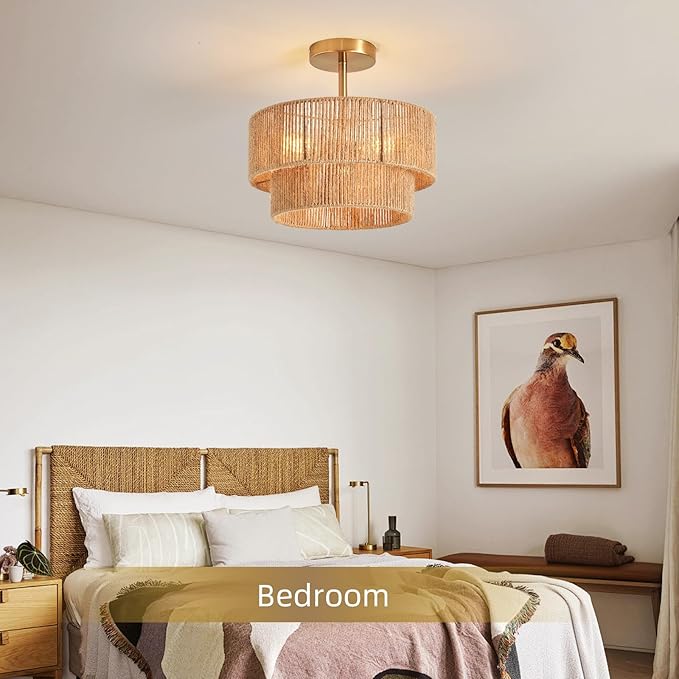 Boho Semi Flush Mount Ceiling Light Gold Rattan Ceiling Light 12.6" Farmhouse Ceiling Lamp with Natural Hemp Rope Lampshade for Dining Room Living Room Bedroom Kitchen