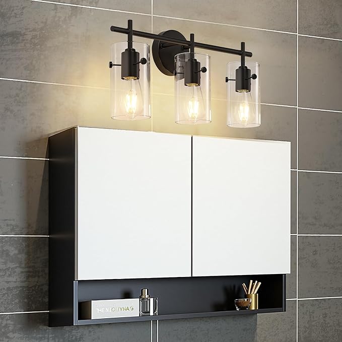Indoi Bathroom Light Fixtures, 3-Light Matte Black Vanity Light, Black Bathroom Lights Over Mirror with Clear Glass Shade, Wall Sconces for Mirror Bedroom Living Room Hallway
