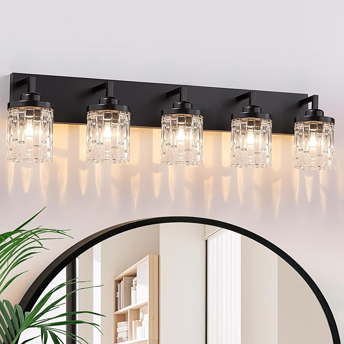 Black Vanity Light, 5 Light Crystal Modern Farmhouse Bathroom Lights, with Clear Glass Shade, Rustic Bathroom Light Fixtures, Black Bathrooms Wall Light Over Mirror for Living Room, Bedroom, Hallway