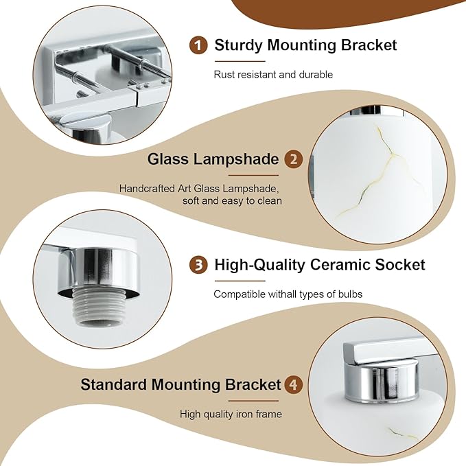 4-Light Bathroom Light Fixtures, Modern Vanity Lights, Chrome Metal Wall Lamp with White Marble Glass for Bathroom, Mirror, Living Room, Bedroom, Cabinet, Porch, Hallway, E26 Base