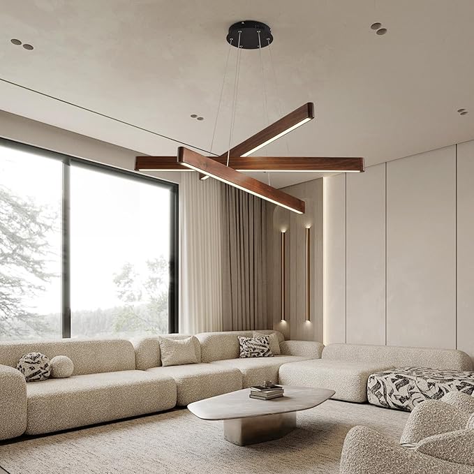 YISDESIGN 3-Light Linear Pendant,Dining Room Light Fixture,Modern Led Chandeliers for Living Room,Dimmable Wood Ceiling Pendant Light,45W for Living Room,Dining Room,Kitchen Island,Walnut Color