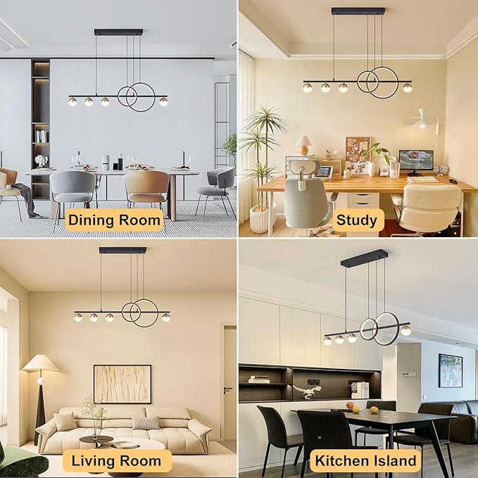 ORANOOR Modern Black Gold Chandeliers for Dining Room, Dimmable LED Chandelier Linear Pendant Light for Kitchen Island, 39in Globe Haning Pendant Chandelier Lighitng with Remote (2 Rings, 3000lm)