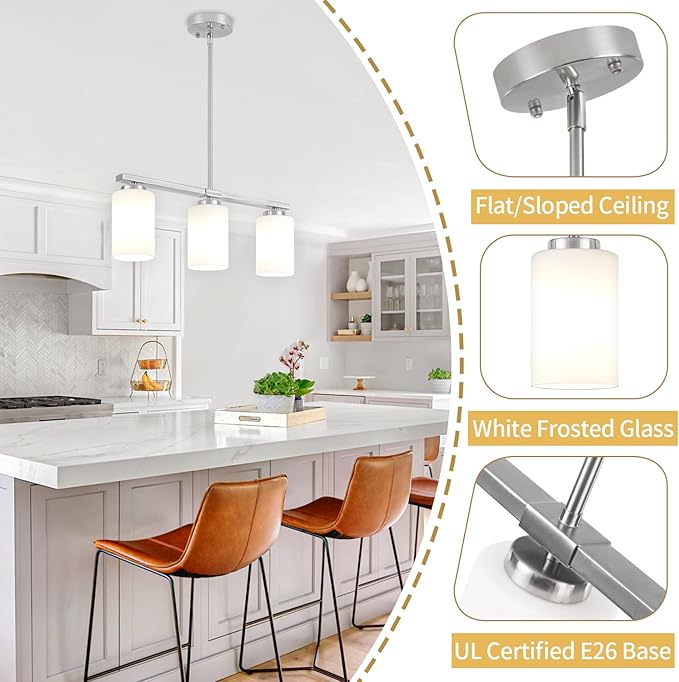 Brushed Nickel Island Lights for Kitchen, 3-Light Dining Room Light Fixtures Modern Linear Chandeliers Over Table White Frosted Glass Adjustable Hanging Lights Kitchen Pendant Lighting Over Island