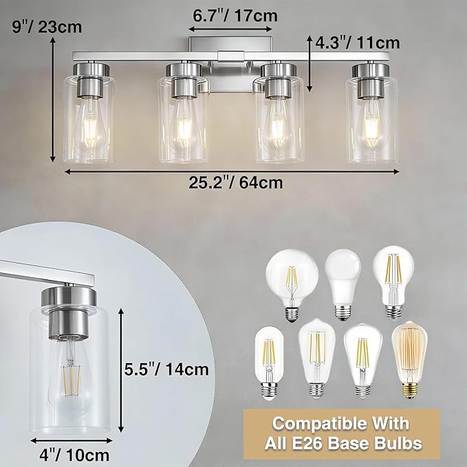 4-Light Bathroom Light Fixtures, Nickel Modern Vanity Lights Over Mirror, Bathroom Wall Sconces with Clear Glass Shade for Living Room Bedroom Hallway Cabinet Porch