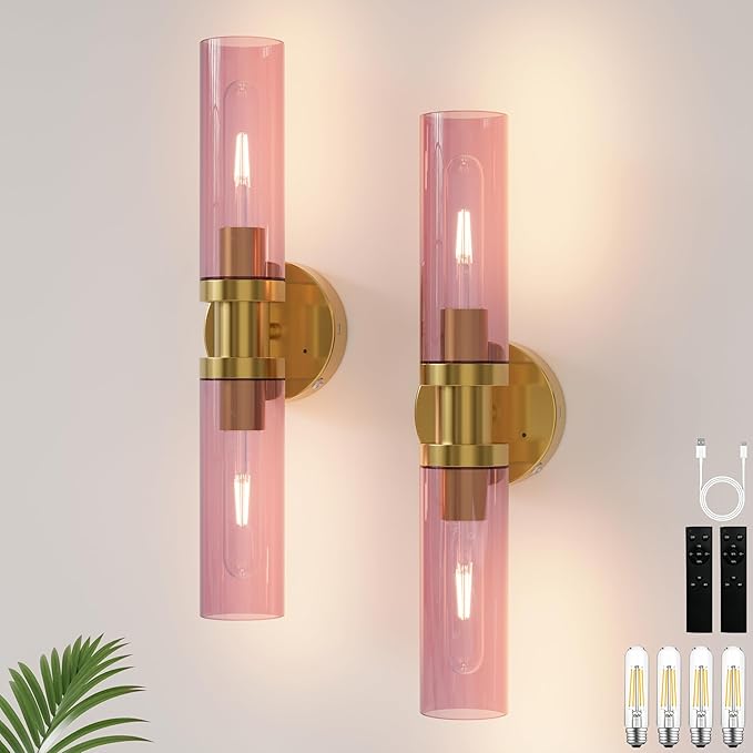 Rayogale Rechargeable Battery Wall Sconce Set of Two, 10000mAh Cordless, Dimmable, Touch Control for Living Room, Bedroom Gold with Wine Red Lampshade (Include 4 Special Bulbs)