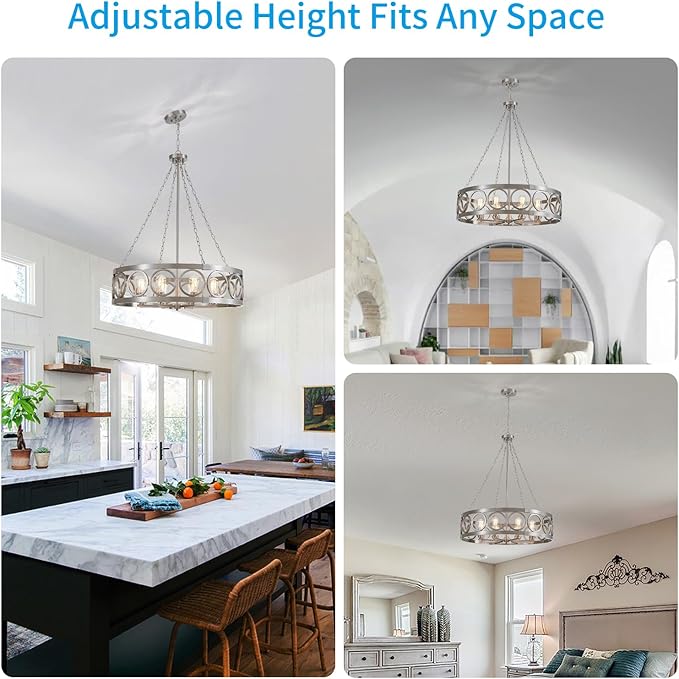XINGQI 32.3" Large Brushed Nickel Drum Chandelier Modern 8-Light Rustic Farmhouse Round Pendant Lighting Fixture for Dining Room Living Room Office Kitchen Island