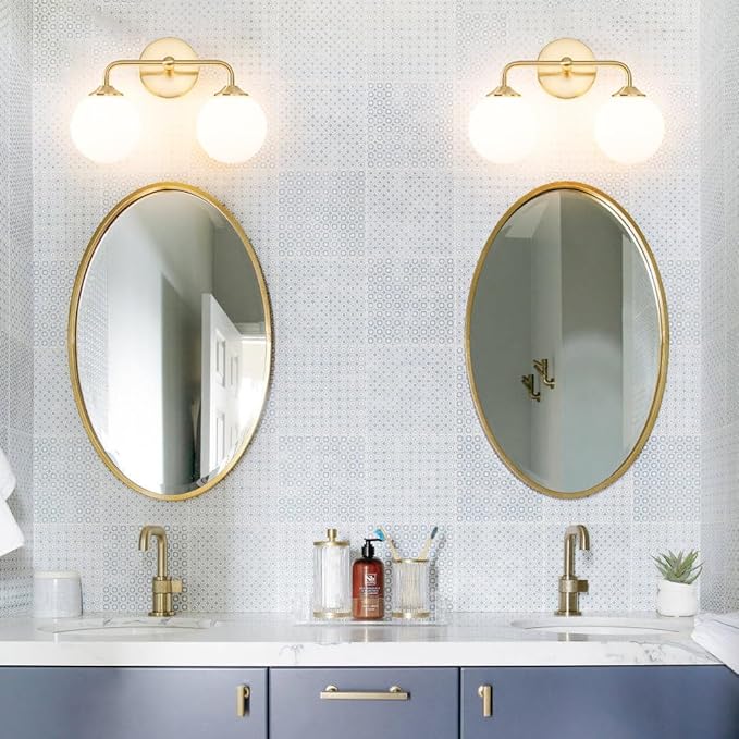 Modern Gold 2-Lights Bathroom Light Fixtures, Brass Vanity Light with Milky White Globe Glass Shade, Elegant Vanity Light Fixtures over Mirror, Wall Sconce Light for Bathroom, Mirror, Dressing Table