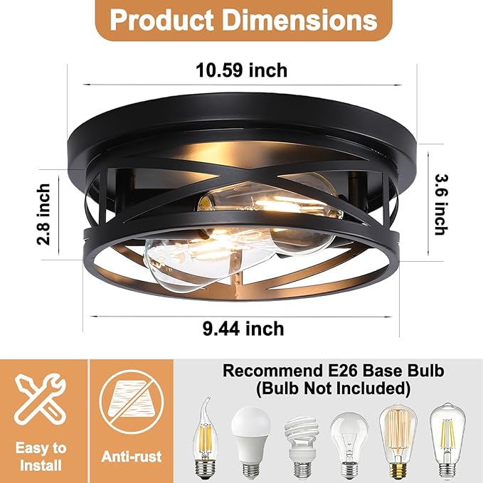 COTULIN Farmhouse Black Flush Mount Ceiling Lights 2 Pack, Industrial Metal Cage Hallway Round Light fixtures with Rustic Light fixtures for Living Room Bedroom, Hallway, Kitchen (2-Light)