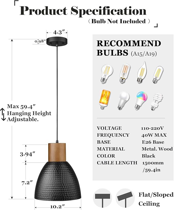 ELYONA 2 Pack Hammered Pendant Lights, 10.2” Industrial Metal Solid Wood Hanging Lamp, Modern Island Pendant Light Fixtures for Kitchen Bar, Farmhouse Dining Room, Bedroom, Living Room, Office, Black