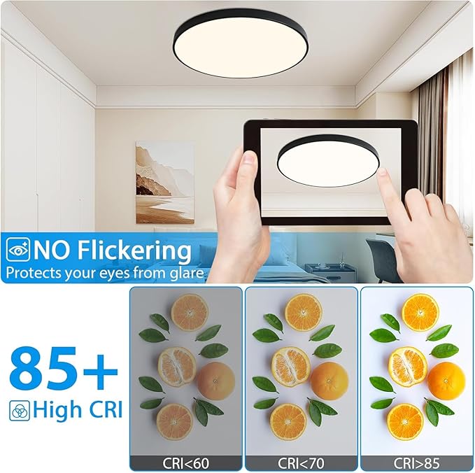 19.7 Inch Round LED Ceiling Light Fixture, 36W Dimmable Flush Mount Ceiling Lights with Remote, Modern Black Ceiling Light Fixture for Bedroom, Kitchen