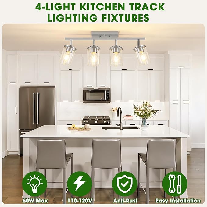 FadimiKoo 4-Lights Brushed Nickel Kitchen Lighting Fixtures Ceiling, Black Semi Flush Mount Ceiling Light with Clear Glass Shades, Adjustable Close to Ceiling Lamp for Dining Room Hallway Bedroom