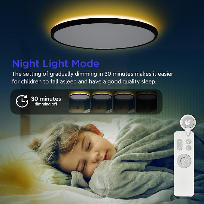 ocioc 18 inch Ceiling Light with Remote, 40W LED Flush Mount Light Fixture with 2000K Backlight, 3000K-6500K Light Color Changing, Black Ceiling Light Fixture for Bedroom,Living Room,Kitchen