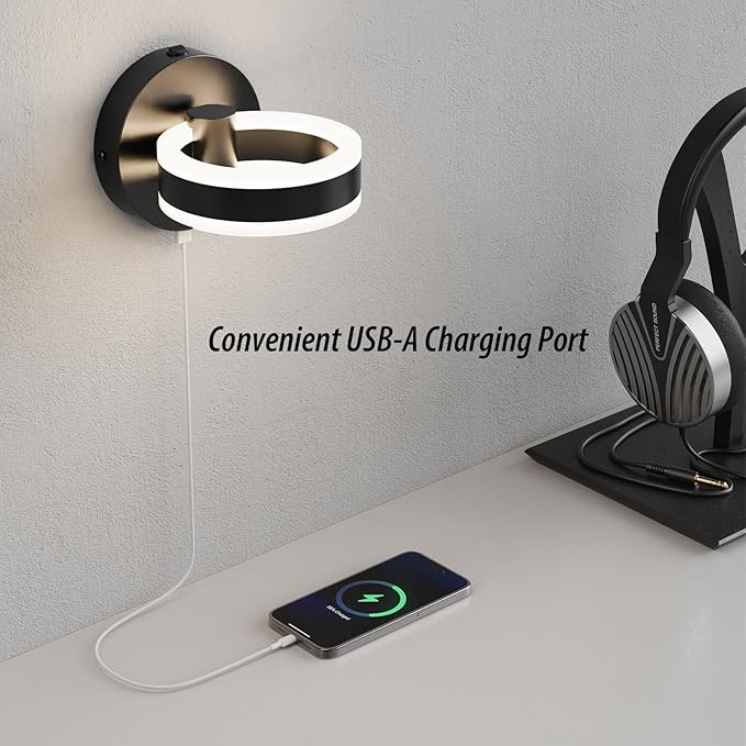 LED Wall Sconces Set of Two with ON/Off Switch, Matte Black Rotatable Hardwired Wall Light Fixtures, Built in USB Charging Port, Modern Wall Decor for Bed Lighting.