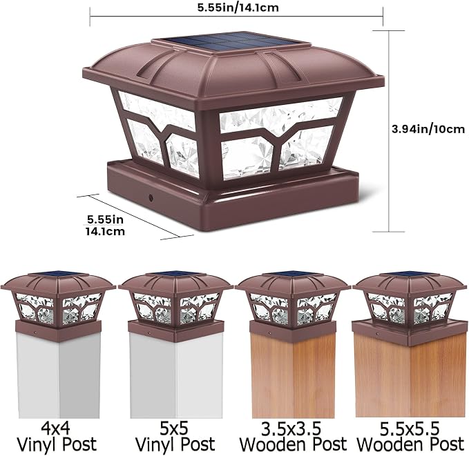 SIEDiNLAR Solar Post Cap Lights Outdoor 2 Color Modes 8 LEDs for 4x4 5x5 6x6 Posts Fence Deck Patio Decoration Warm White & Cool White Lighting Brown (2 Pack)