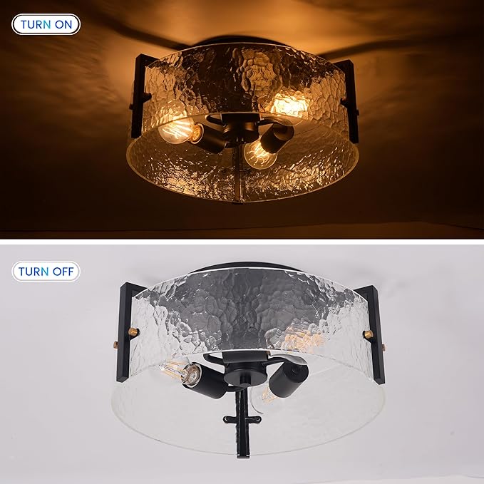 15'' Modern Black Semi Flush Mount Ceiling Light Fixtures, 3-Light Glass Ceiling Mount Light Fixtures, Close to Ceiling Light Fixtures for Kitchen Foyer Entryway Bedroom Hallway Laundry