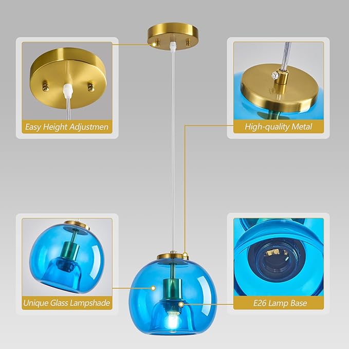 Light Blue Glass Pendant Lights Kitchen Island Gold Hanging Light Fixture Glass Globe Pendant Light Modern Pendant Lighting for Kitchen Island Bedroom Dining Room (7.87", B Style-3 Pack)