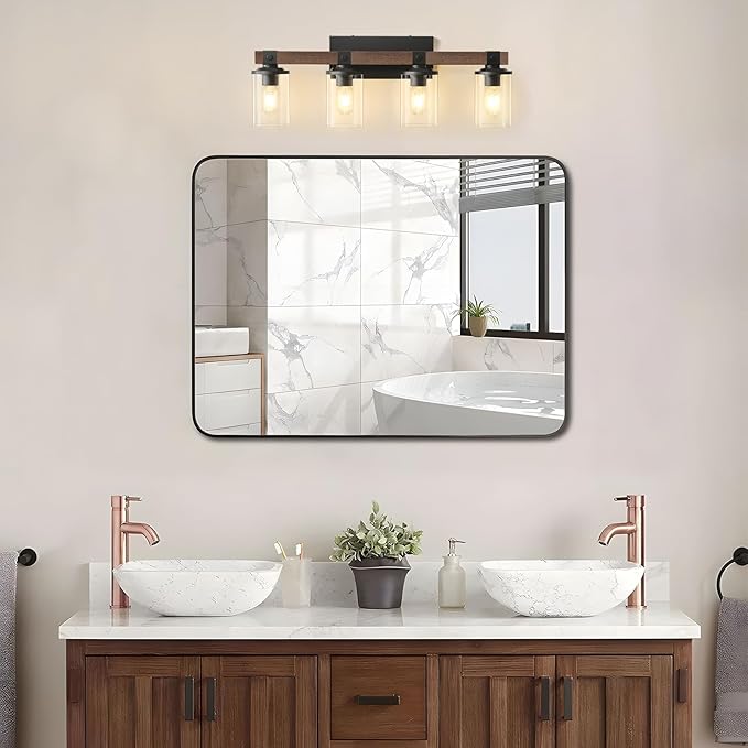 Bathroom Vanity Light Fixtures 4 lights, Wooden Farmhouse Vanity Lights Rustic Bathroom Lights over Mirror with Clear Glass Shade Black Industrial Wall Sconce for Bathroom Bedroom Hallway Kitchen