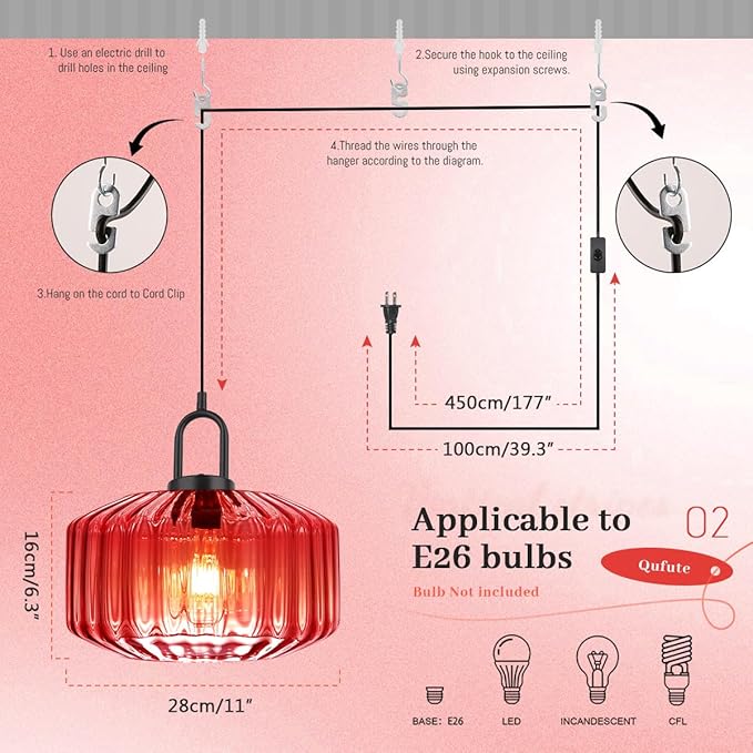Hanging Plug in Light Mid Century Pendant Light with 11" Red Striped Glass Globe Shade Plug in Pendant Lights for Ceiling Bedroom Vintage Hanging Lamp with 14.7 ft Cord On/Off Switch